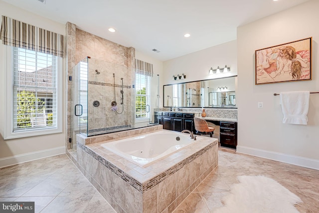 bathroom with vanity, recessed lighting, a stall shower, baseboards, and a garden tub