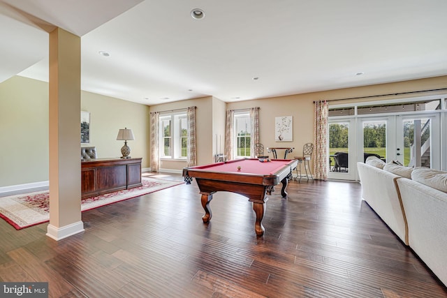 playroom with french doors, recessed lighting, baseboards, wood finished floors, and billiards