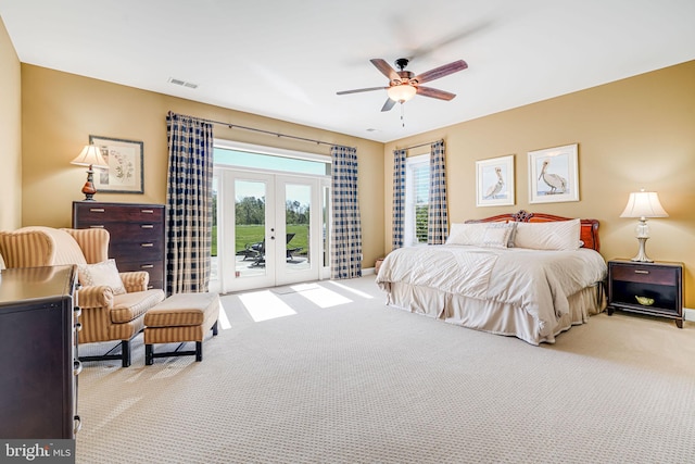 bedroom featuring carpet flooring, french doors, a ceiling fan, access to exterior, and visible vents