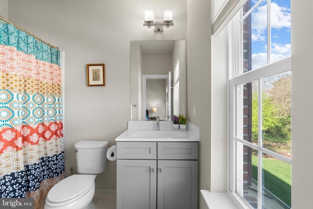57 Primrose Hill Ln, Annapolis, MD 21403 - bathroom with a shower with curtain, toilet, a healthy amount of sunlight, and vanity