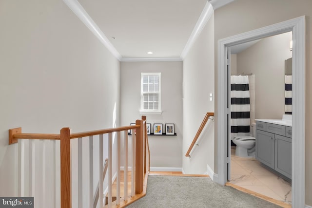 57 Primrose Hill Ln, Annapolis, MD 21403 - corridor with baseboards, ornamental molding, and an upstairs landing