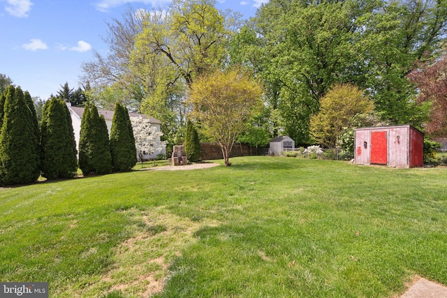 view of yard featuring fence, an outbuilding, and a storage unit