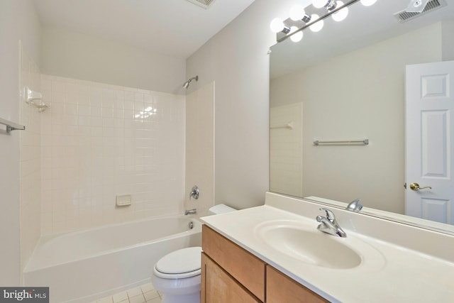 bathroom featuring shower / tub combination, tile patterned flooring, vanity, toilet, and visible vents