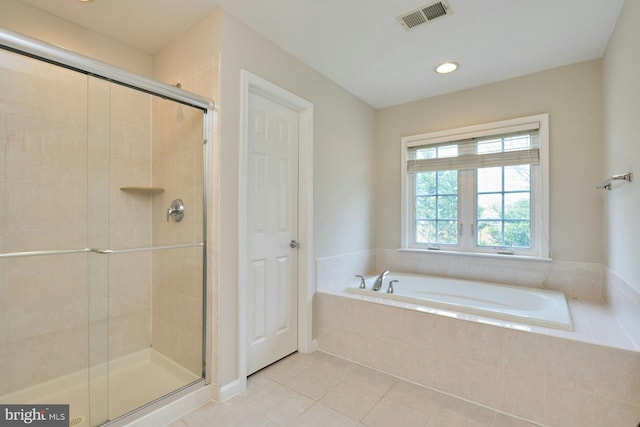 bathroom featuring a bath, visible vents, tile patterned flooring, a stall shower, and recessed lighting