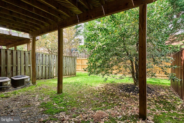 view of yard with central air condition unit and a fenced backyard