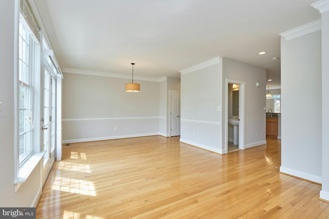 spare room featuring crown molding, baseboards, a healthy amount of sunlight, and light wood-style flooring