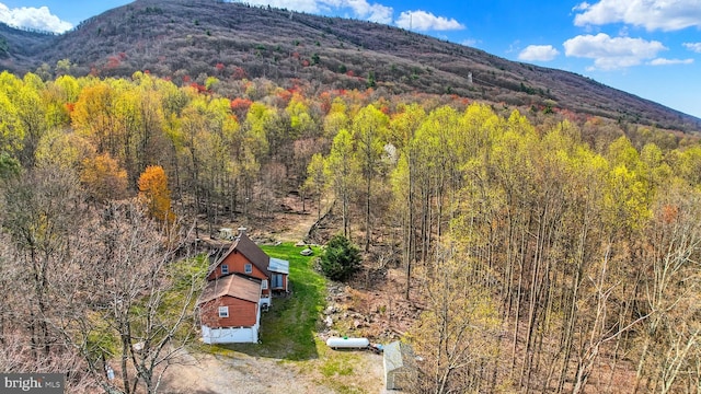 drone / aerial view featuring a mountain view and a forest view