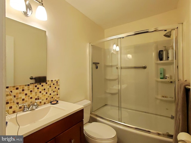 full bath with toilet, enclosed tub / shower combo, decorative backsplash, and vanity