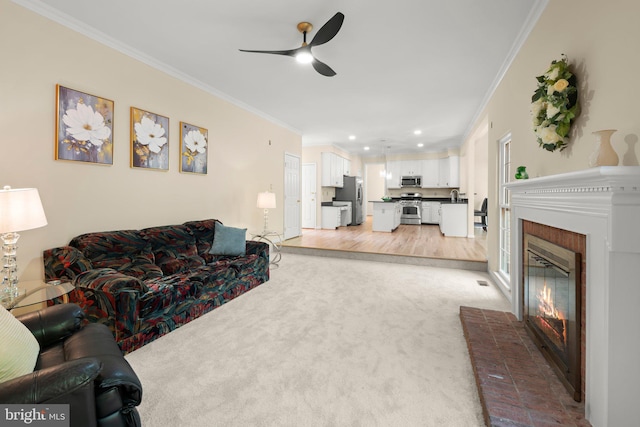 13423 Fairland Park Dr, Silver Spring, MD 20904 - living area featuring light colored carpet, ornamental molding, ceiling fan, and a fireplace