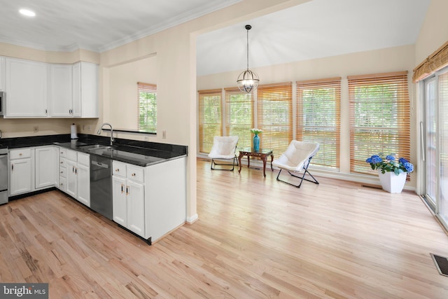 13423 Fairland Park Dr, Silver Spring, MD 20904 - kitchen with dark countertops, light wood-type flooring, dishwasher, a sink, and white cabinetry