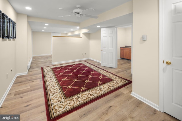 13423 Fairland Park Dr, Silver Spring, MD 20904 - finished below grade area with baseboards, recessed lighting, light wood finished floors, and ceiling fan