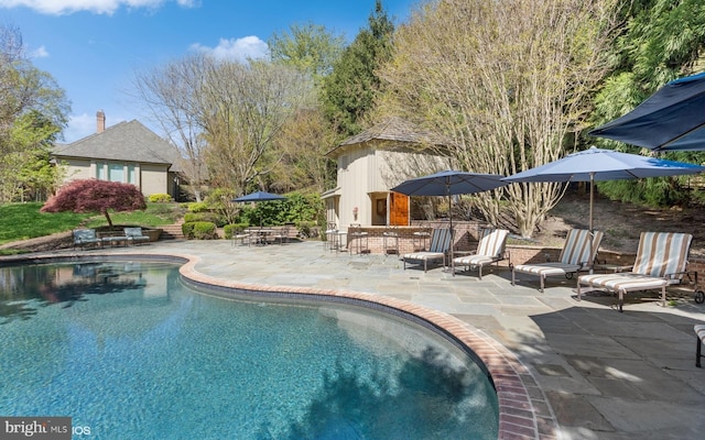 pool featuring outdoor dry bar and a patio