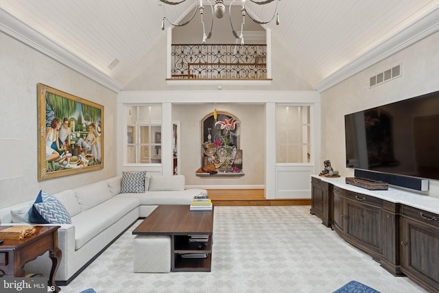 living room featuring visible vents, a notable chandelier, crown molding, and wood ceiling