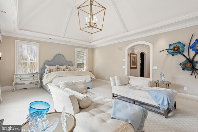 bedroom with arched walkways, an inviting chandelier, multiple windows, and carpet floors