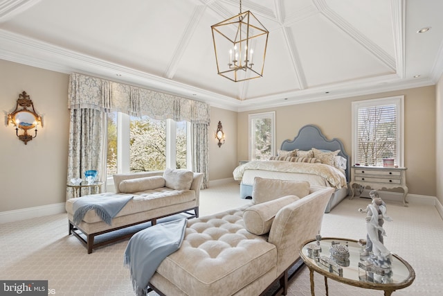 bedroom with a chandelier, baseboards, crown molding, and light carpet