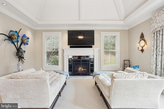 living area featuring crown molding, a premium fireplace, carpet floors, and plenty of natural light