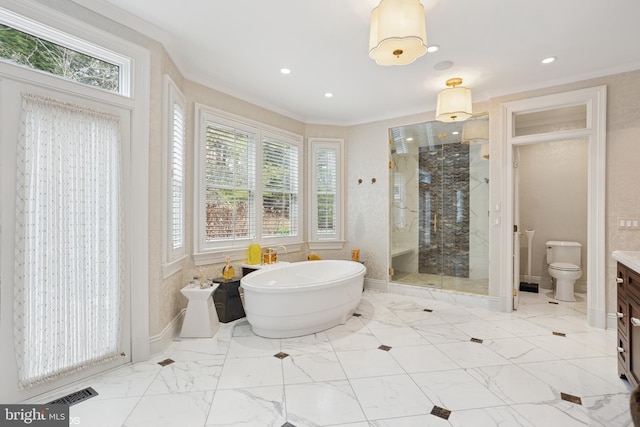 full bath with recessed lighting, a shower stall, toilet, a soaking tub, and crown molding