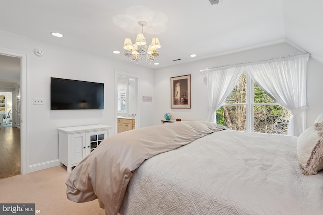 bedroom with an inviting chandelier, recessed lighting, carpet flooring, and baseboards