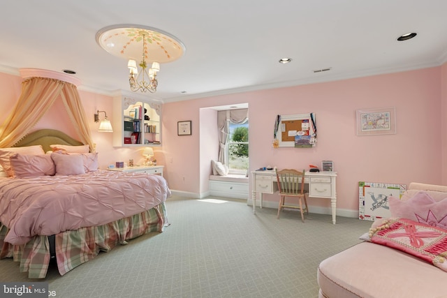 carpeted bedroom featuring recessed lighting, ornamental molding, baseboards, visible vents, and a notable chandelier