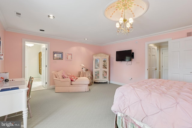 bedroom featuring carpet floors, ornamental molding, baseboards, visible vents, and a notable chandelier