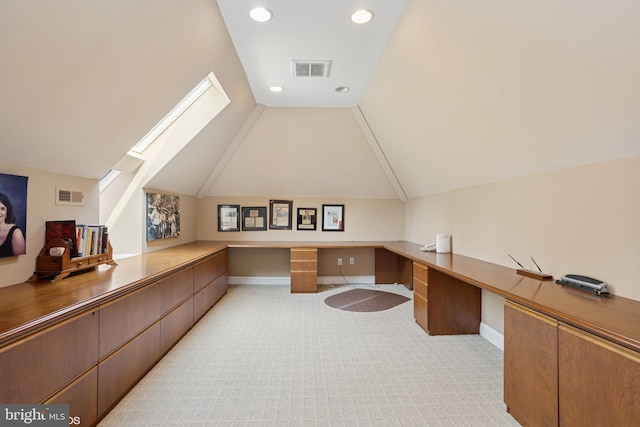 unfurnished office with recessed lighting, visible vents, light carpet, and lofted ceiling