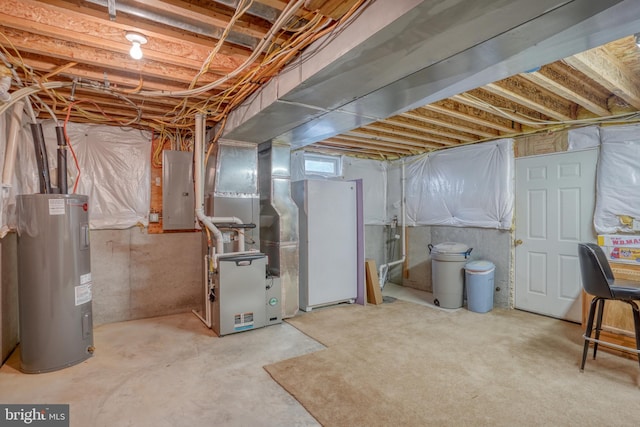 below grade area with water heater, heating unit, and electric panel