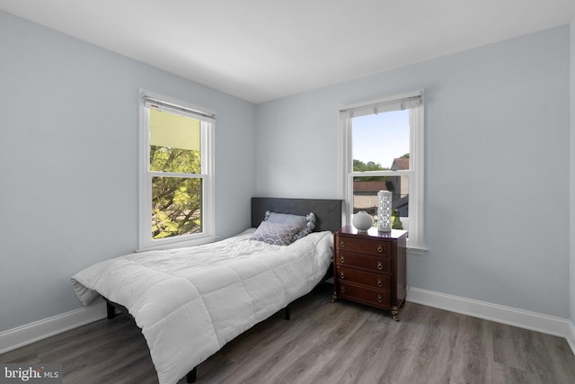 bedroom with baseboards, multiple windows, and wood finished floors