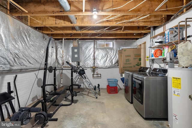 unfinished below grade area with separate washer and dryer, water heater, and electric panel