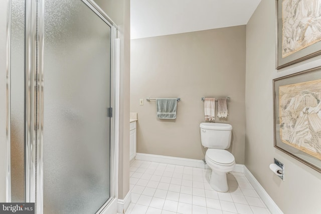 full bathroom with toilet, baseboards, tile patterned flooring, and a shower stall