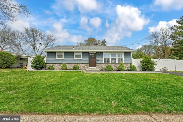 16 Century Way, Hamilton, NJ 08690 - ranch-style home with fence, a front yard, entry steps, and stone siding