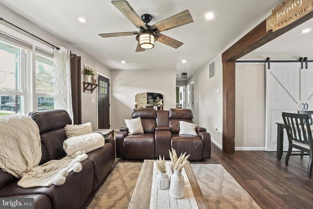 16 Century Way, Hamilton, NJ 08690 - living area featuring recessed lighting, a barn door, a ceiling fan, visible vents, and wood finished floors