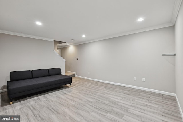7112 Bonniemill Ln, Springfield, VA 22150 - sitting room featuring crown molding, baseboards, recessed lighting, light wood finished floors, and stairway