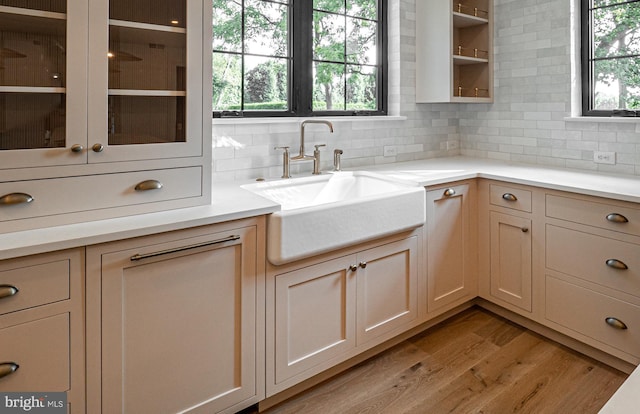 301 Reservoir Rd Lot A Front, Lot A Front, West Chester, PA 19380 - kitchen featuring a sink, light wood-style floors, glass insert cabinets, tasteful backsplash, and light countertops