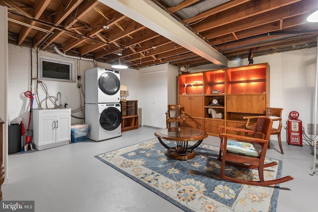 13709 Wendover Rd, Silver Spring, MD 20904 - unfinished basement with stacked washing machine and dryer