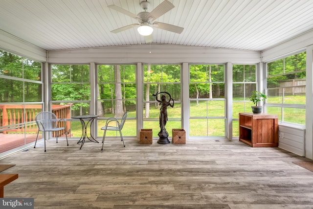 13709 Wendover Rd, Silver Spring, MD 20904 - unfurnished sunroom featuring a ceiling fan, lofted ceiling, and plenty of natural light