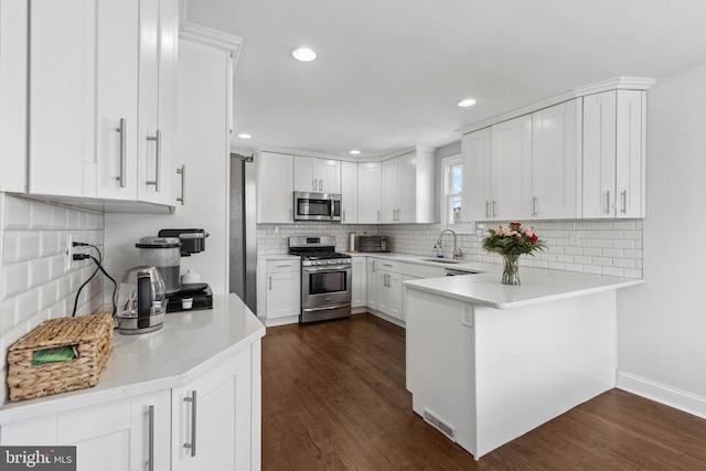 kitchen featuring stainless steel appliances, a sink, backsplash, light countertops, and dark wood finished floors