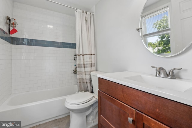 bathroom with toilet, shower / bath combo, vanity, and tile patterned floors