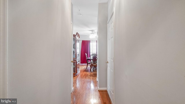 hall with hardwood / wood-style floors and baseboards