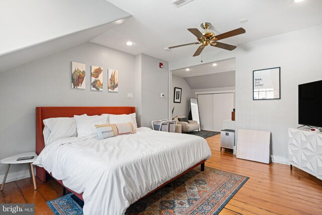 1207 Spruce St Unit 301, Philadelphia, PA 19107 - bedroom with recessed lighting, hardwood / wood-style floors, vaulted ceiling, ceiling fan, and baseboards