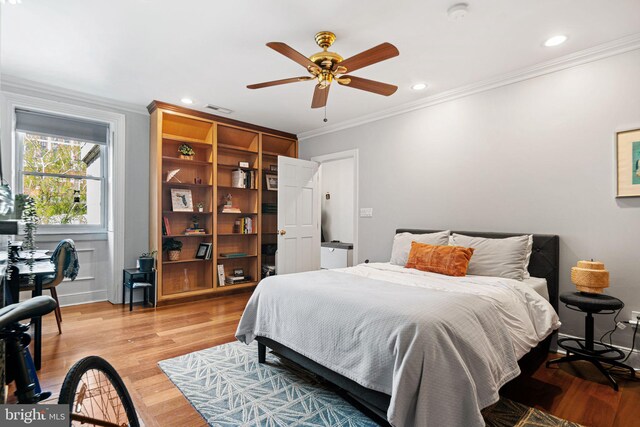 1207 Spruce St Unit 301, Philadelphia, PA 19107 - bedroom featuring recessed lighting, ceiling fan, light wood-type flooring, crown molding, and visible vents