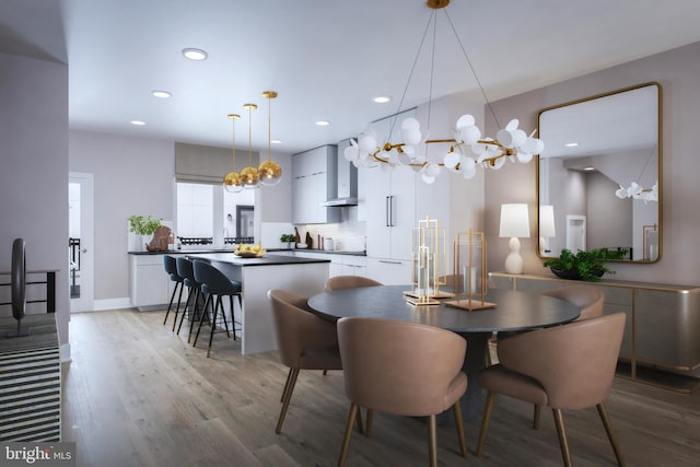 dining space featuring recessed lighting, a chandelier, and light wood-style flooring