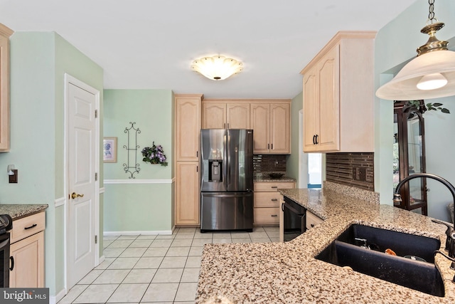178 Cool Breeze Dr, Clayton, DE 19938 - kitchen featuring stainless steel refrigerator with ice dispenser, light brown cabinets, a sink, dishwasher, and light tile patterned floors