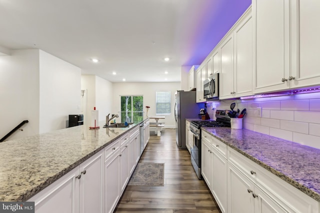 kitchen with a sink, decorative backsplash, appliances with stainless steel finishes, white cabinetry, and dark wood-style flooring