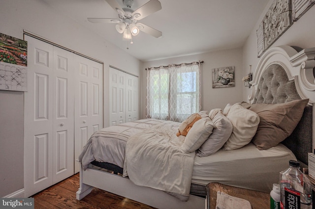 bedroom featuring ceiling fan, multiple closets, and wood finished floors