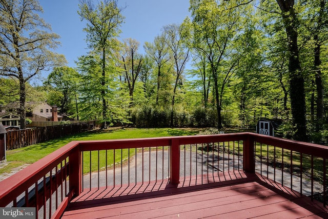 wooden terrace with a storage shed, a lawn, an outdoor structure, and a fenced backyard