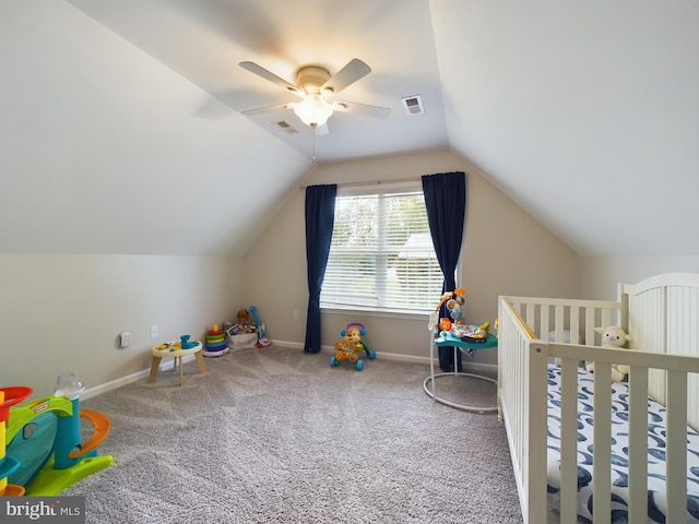 10037 Grapevine Rd, Mardela Springs, MD 21837 - carpeted bedroom with baseboards, vaulted ceiling, a ceiling fan, and a nursery area