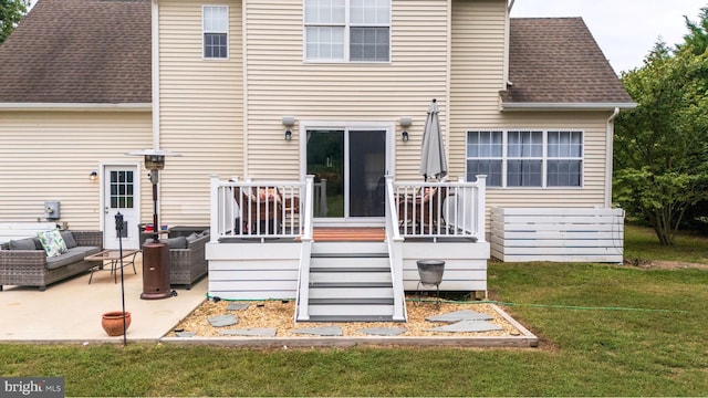 10037 Grapevine Rd, Mardela Springs, MD 21837 - rear view of house with roof with shingles, a lawn, an outdoor hangout area, a patio area, and a deck