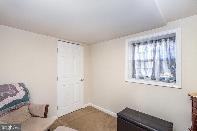 sitting room featuring baseboards and light carpet