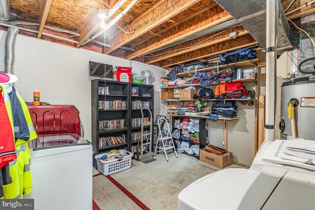 unfinished below grade area with water heater and washer and clothes dryer