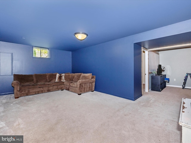 living area featuring carpet flooring
